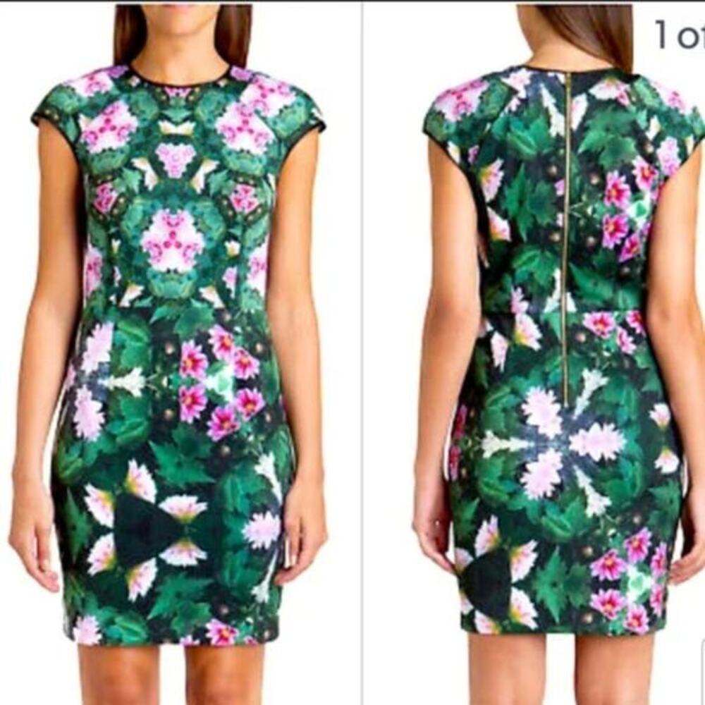 Ted Baker London Green Floral Print Cap-Sleeve Sheath Dress
